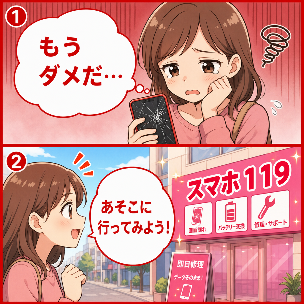 落ち込むお客さんとピンクの看板の漫画