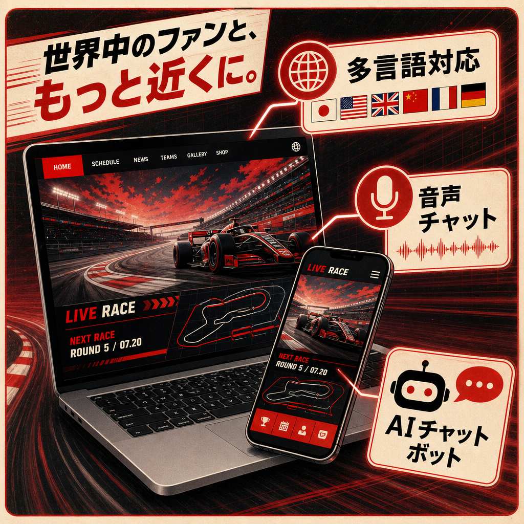 多言語対応・音声チャット・AIチャットボットを備えた新しいサーキットサイトの構想イラスト