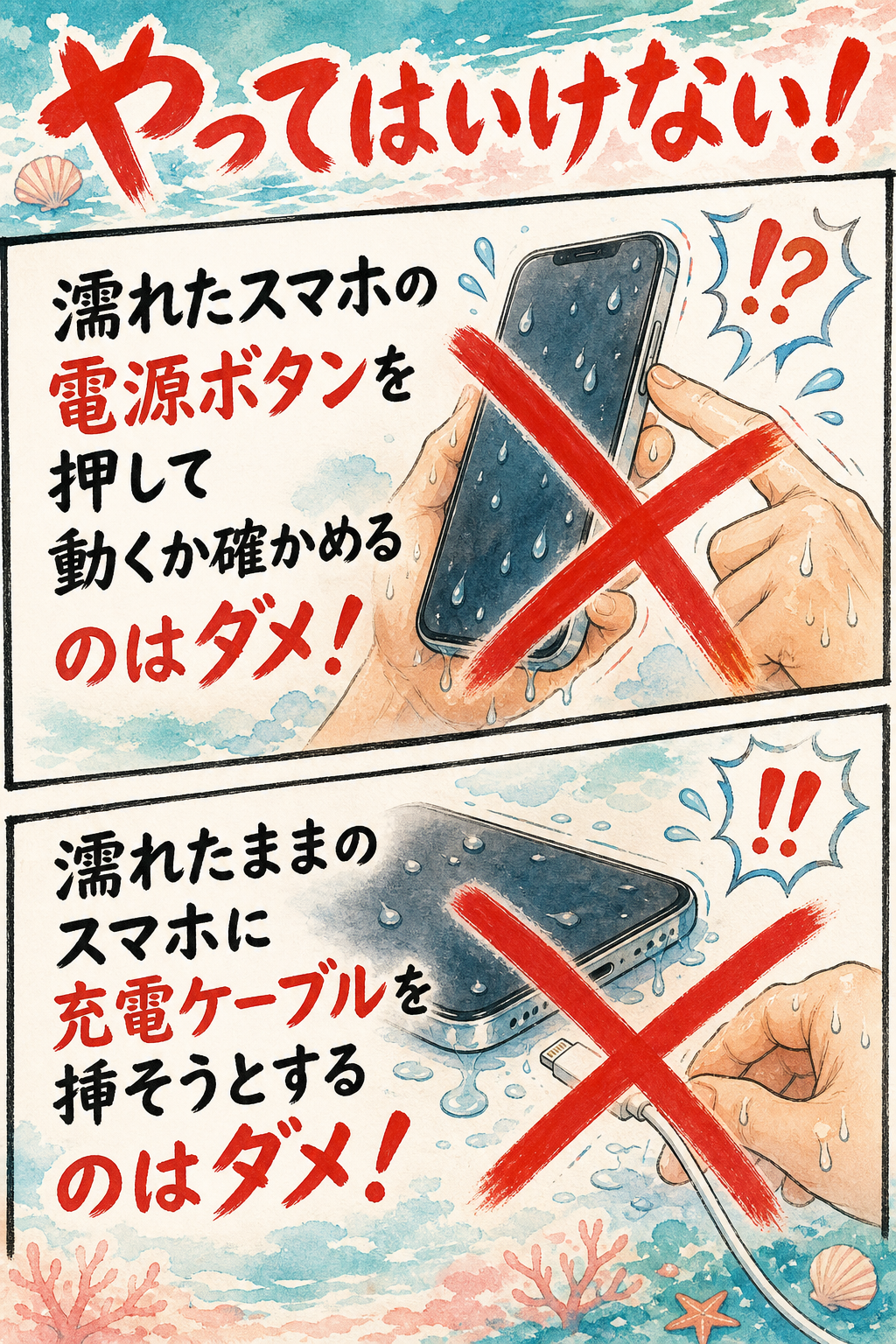 水没スマホでやってはいけない応急処置その1とその2