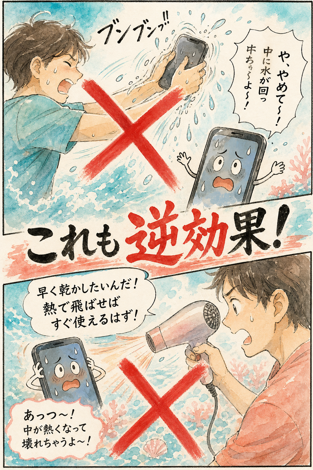水没スマホを振る・ドライヤーで乾かすのも逆効果