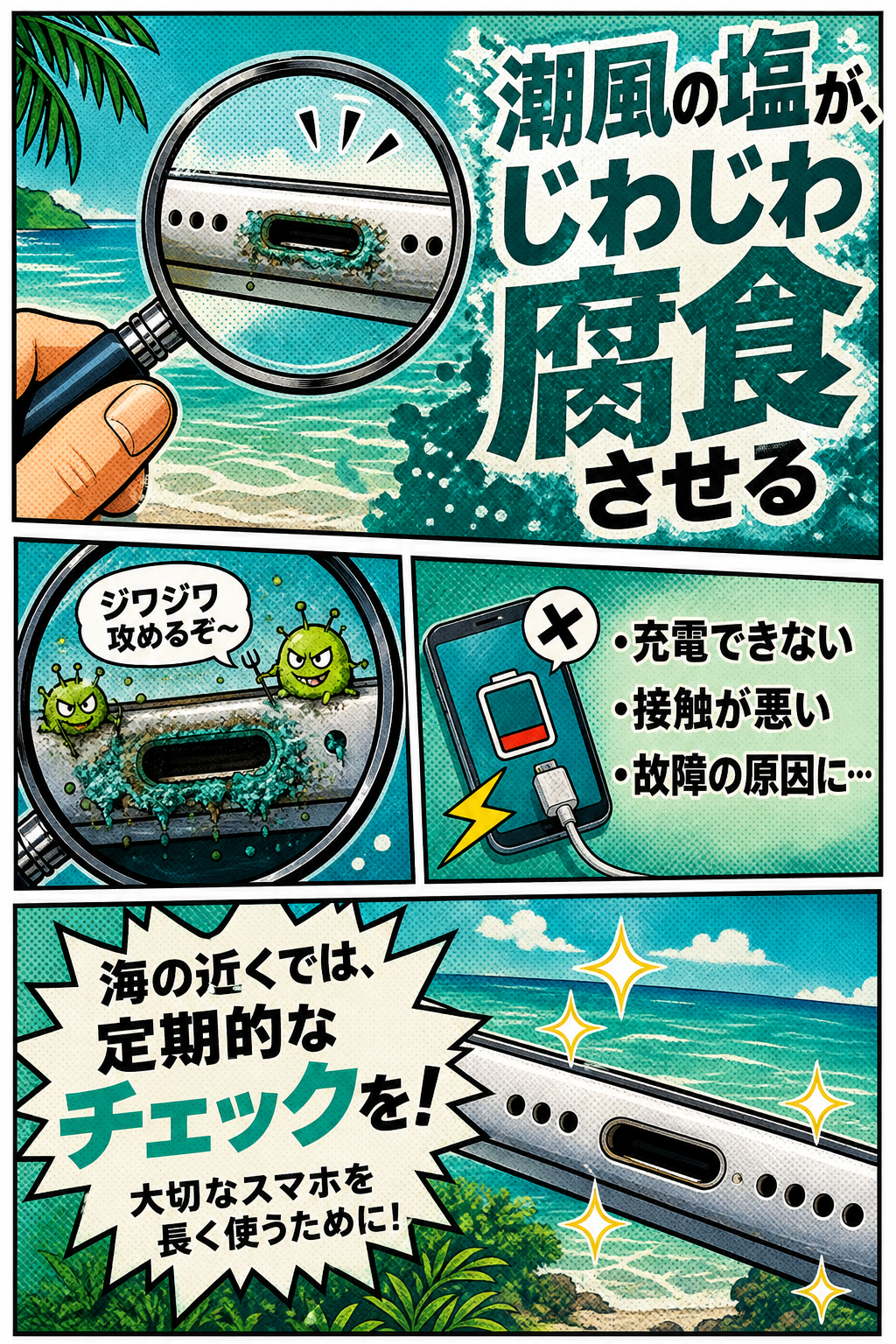 充電口が塩で腐食したスマホのクローズアップ