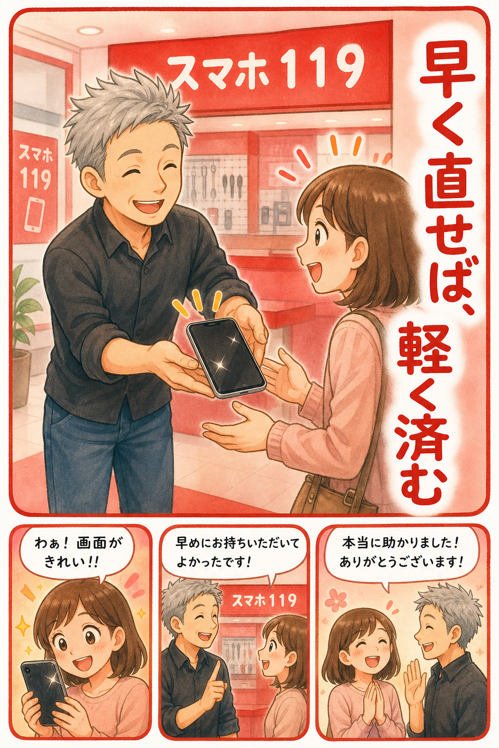 きれいに直った画面を見せる富村社長と喜ぶお客様