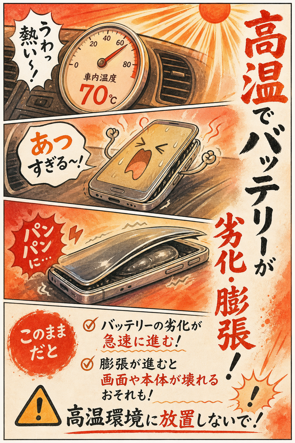 高温の車内でバッテリーが膨張するスマホ