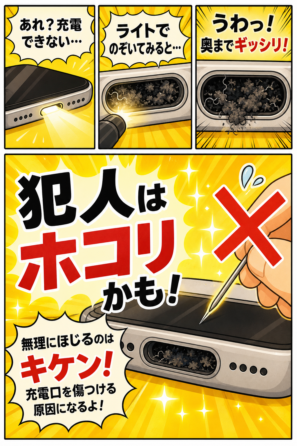 充電口にホコリが詰まっているスマホ