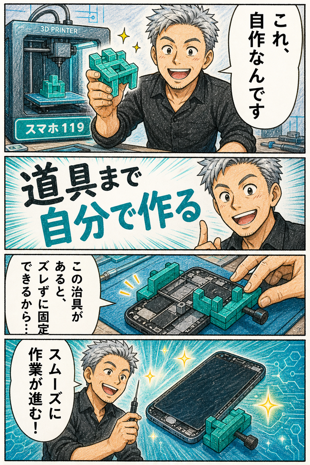 自作した治具で修理がはかどる様子