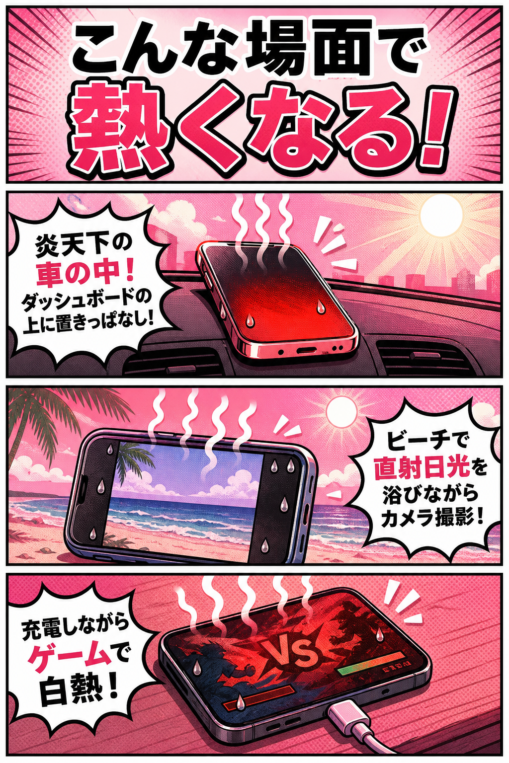 車内やビーチなどスマホが熱くなる場面