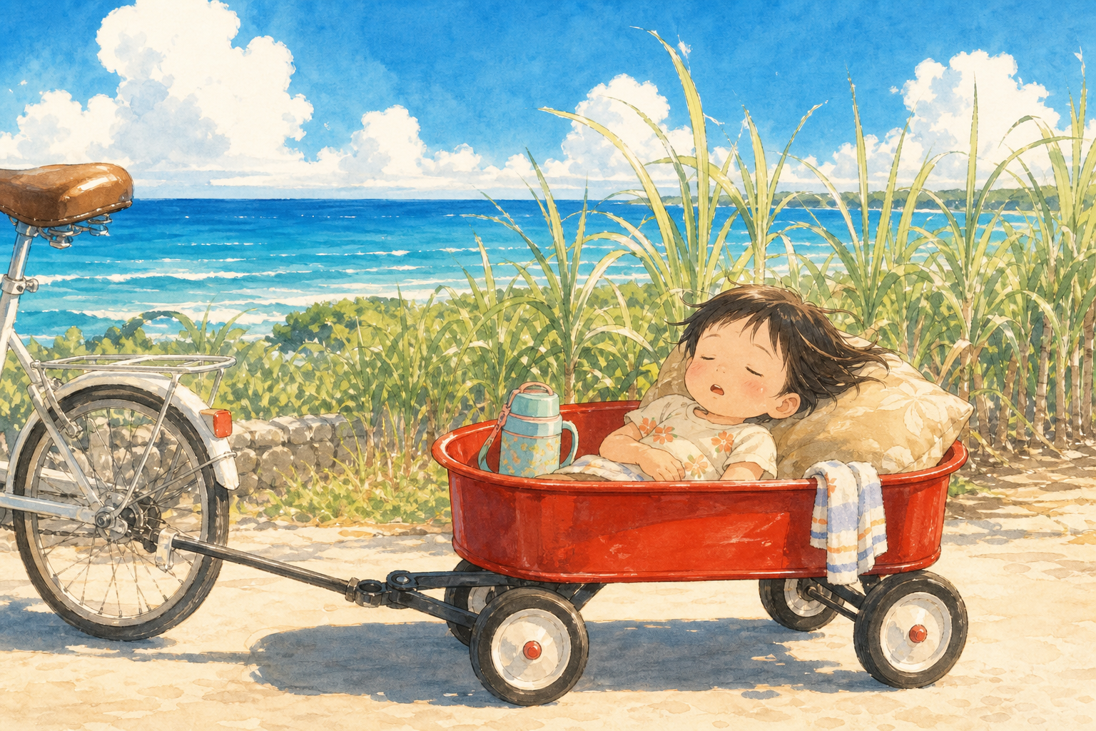 自転車に引かれた赤い荷車の中で眠る小さな子どものイラスト