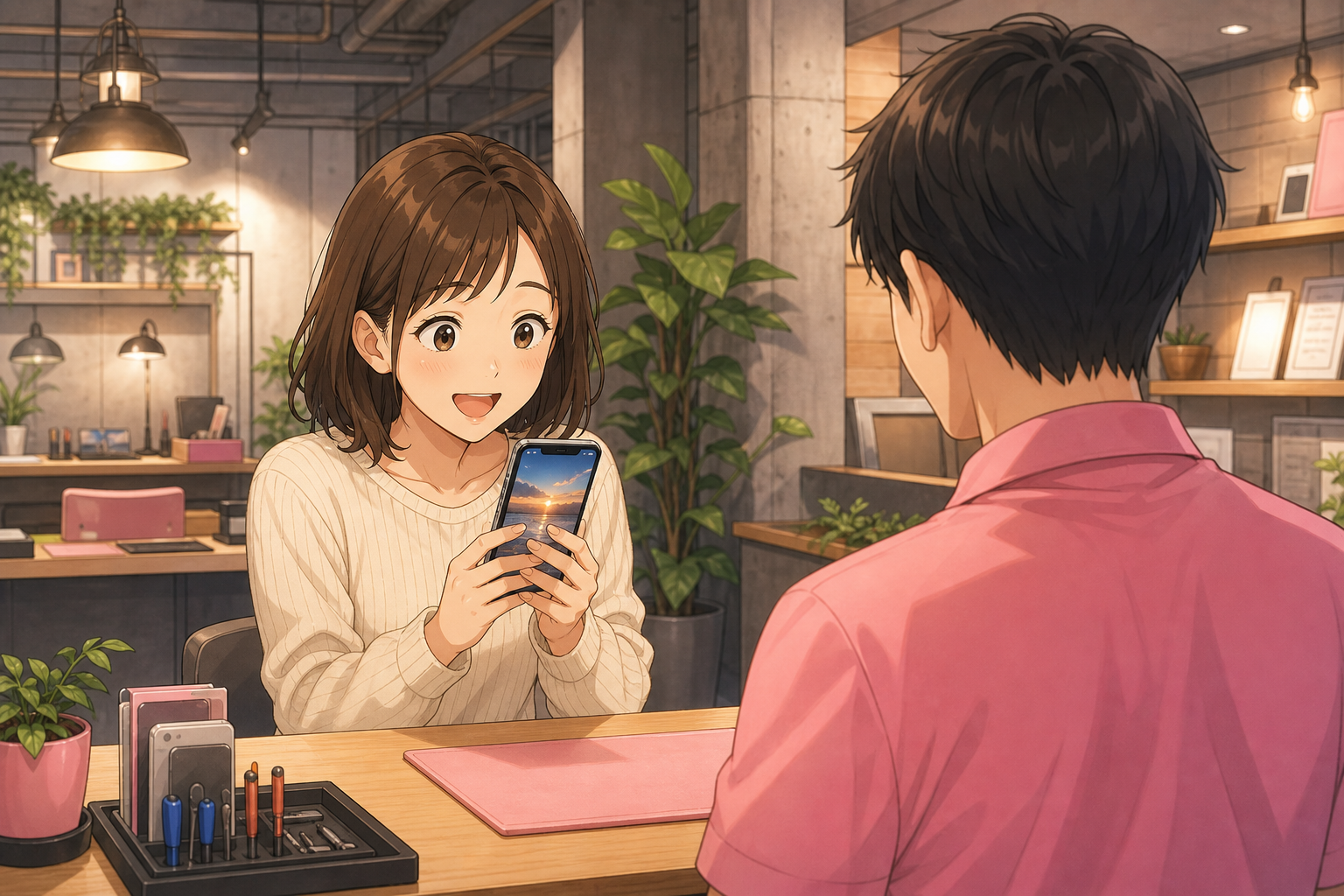 修理したスマホを受け取って安心する人の情景イラスト