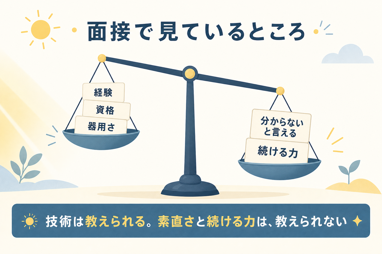 採用面接で見ているのは素直さと続ける力であることを示す図