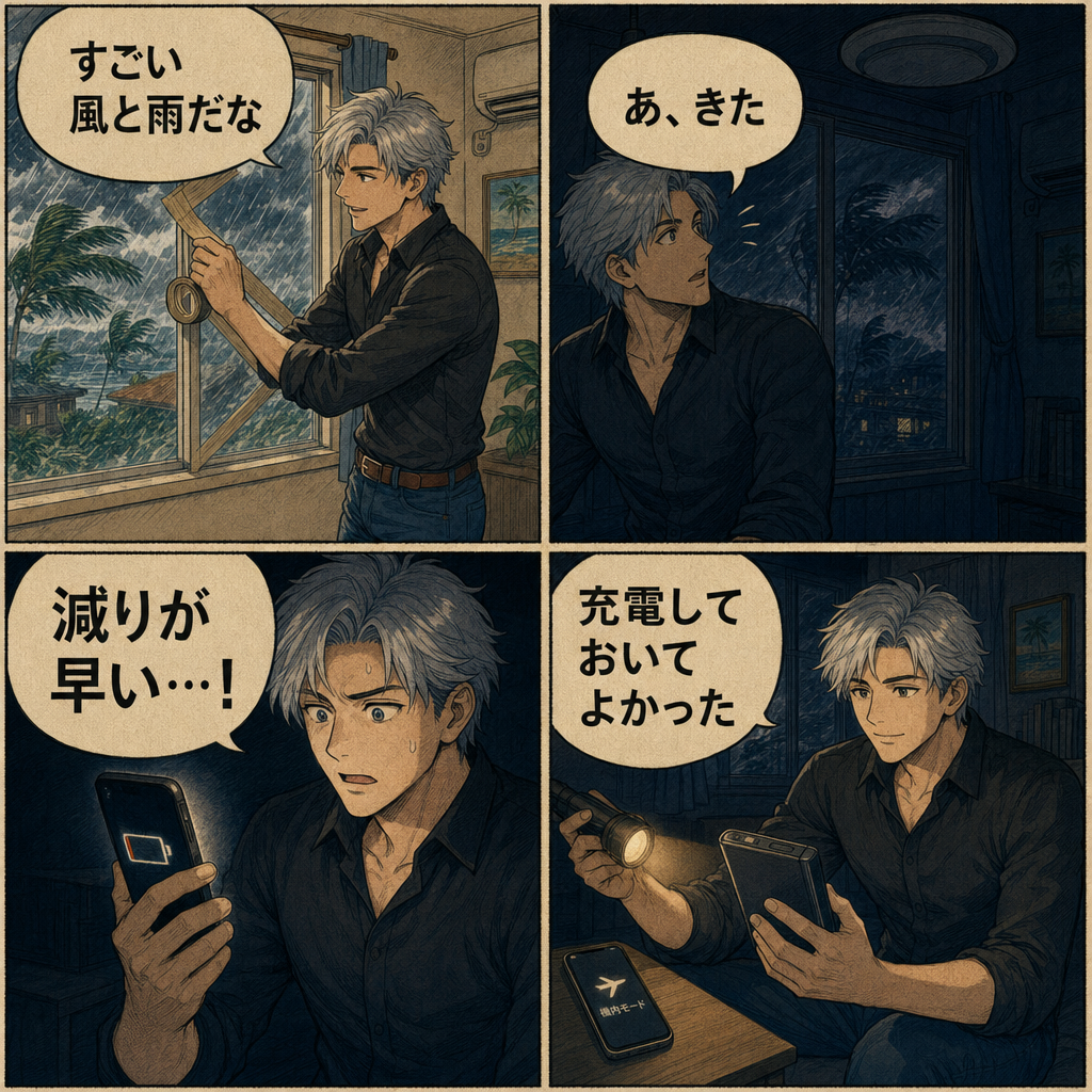 台風で停電した沖縄の家でスマホの残量を気にする4コマ漫画