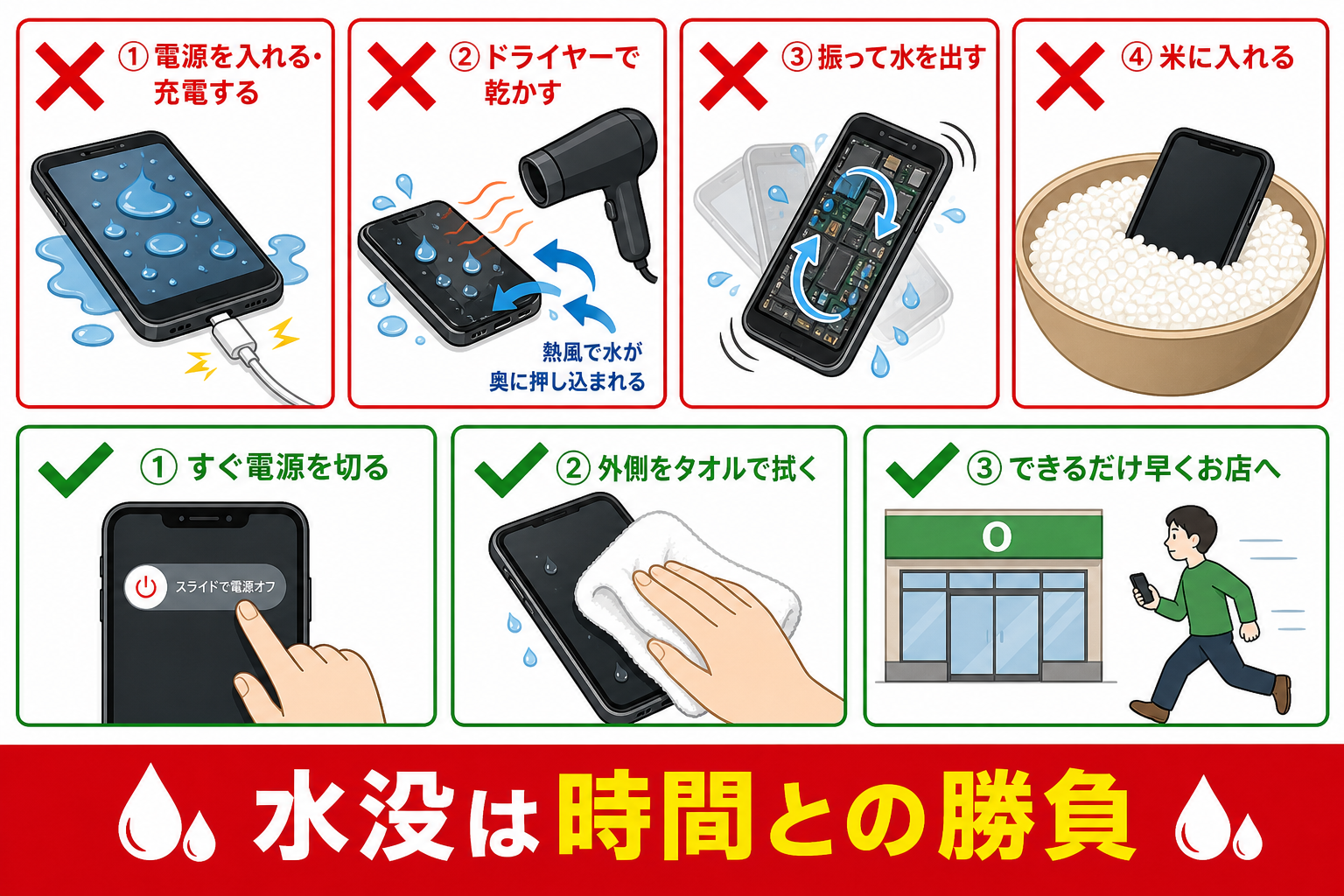 濡れたスマホにやってはいけない4つのことを示す警告図