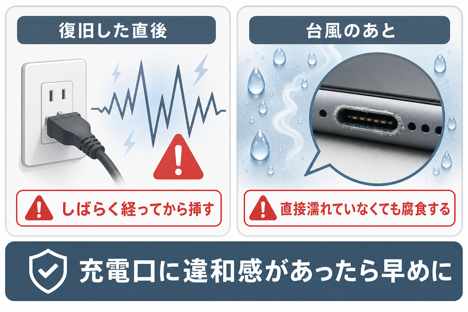 停電復旧後と台風後の湿気に注意すべきことを示す図