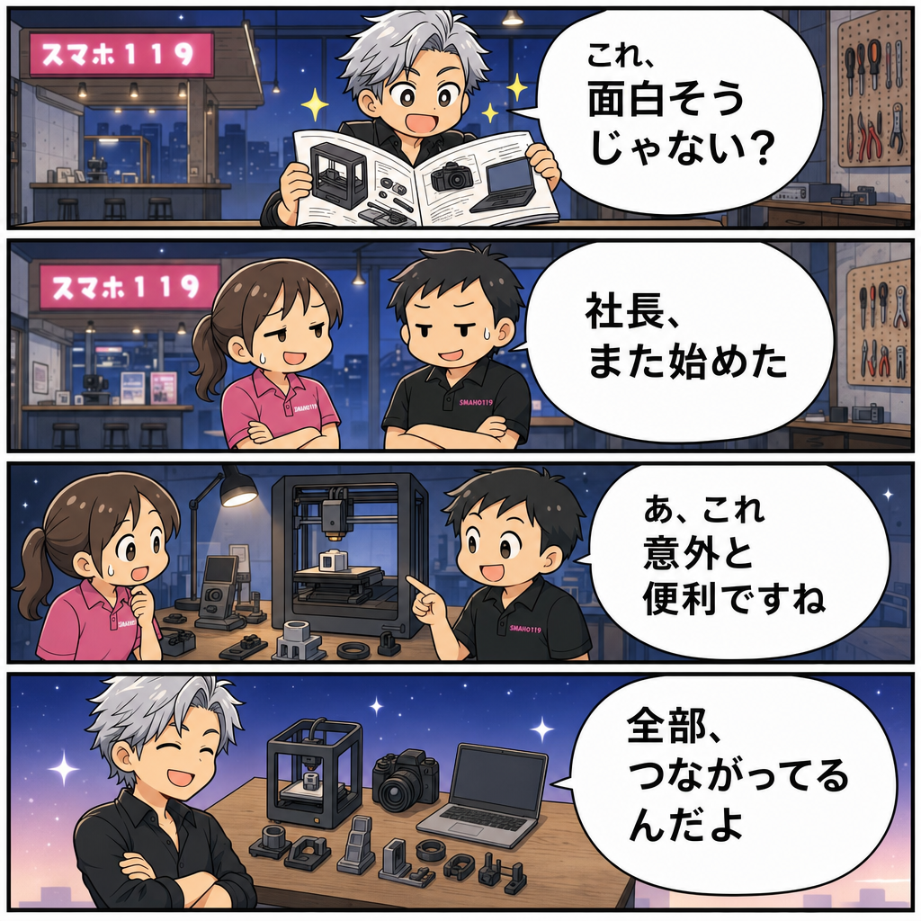 次々と新しいことに手を出す社長とスタッフの4コマ漫画