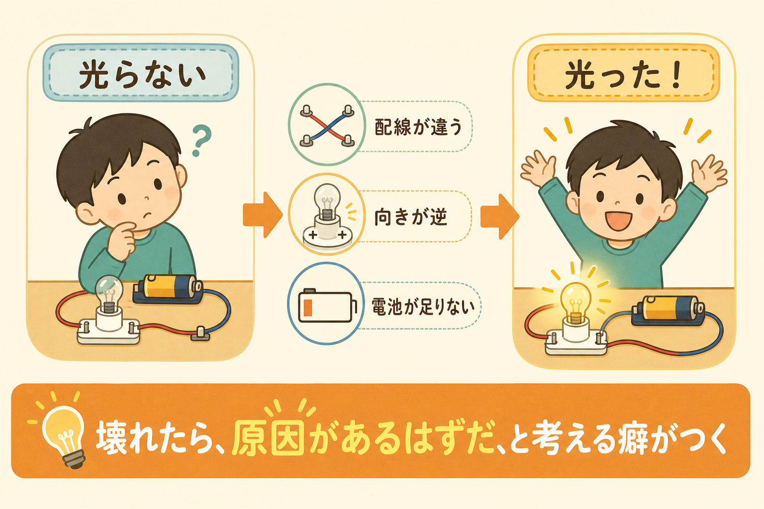 電子工作は結果がはっきり出るので子どもに向いていることを示す図