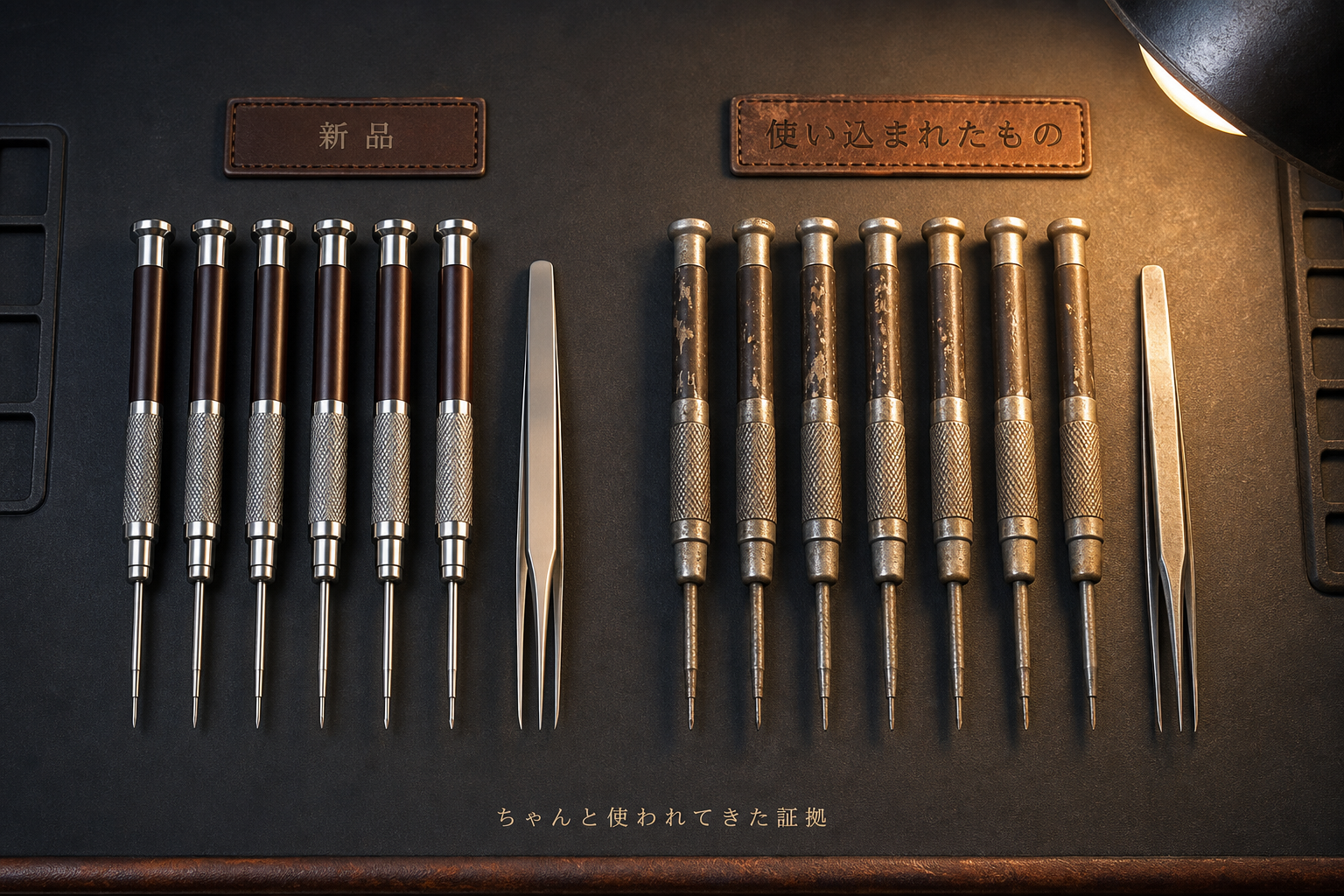 新品の工具と使い込まれた工具を並べたイラスト