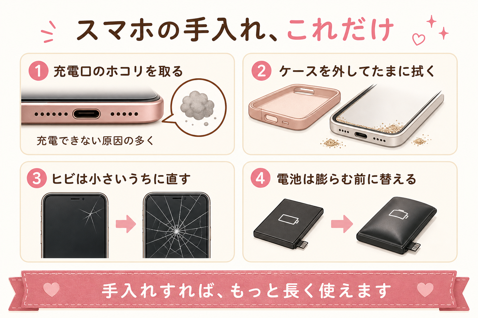 スマホの手入れ4項目を示す図