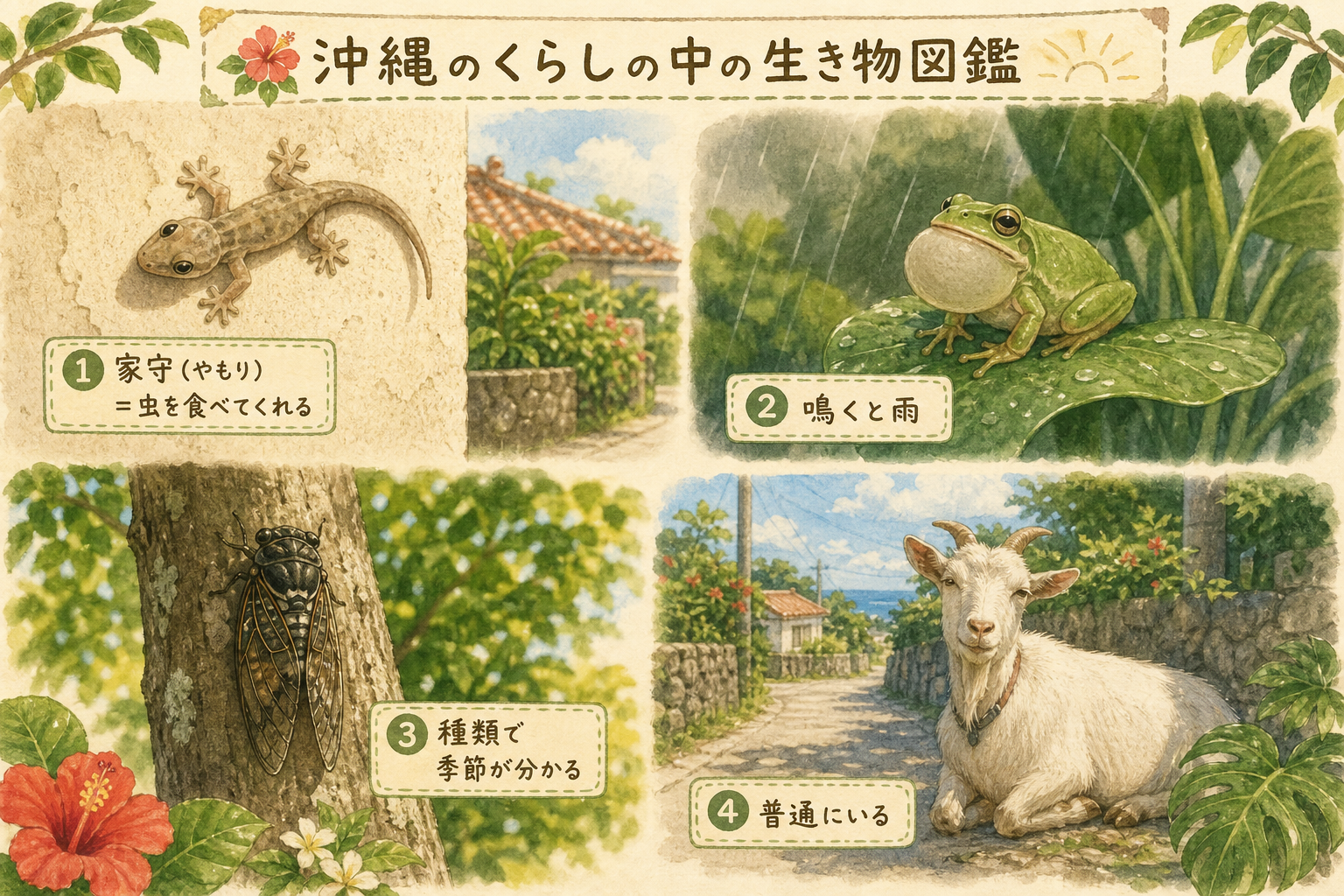 沖縄の身近な生き物たちを紹介するイラスト