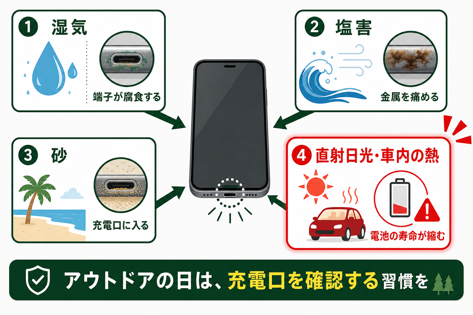 沖縄の環境がスマホに与える4つの負担を示す図