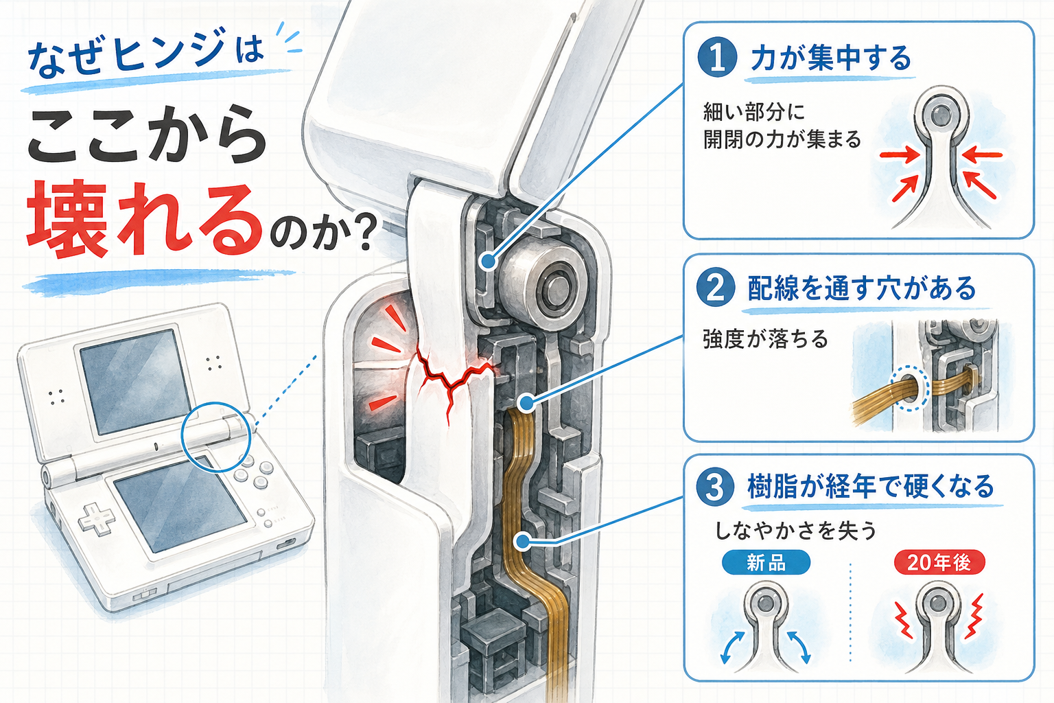 DS Liteのヒンジが割れる3つの理由を示す図解