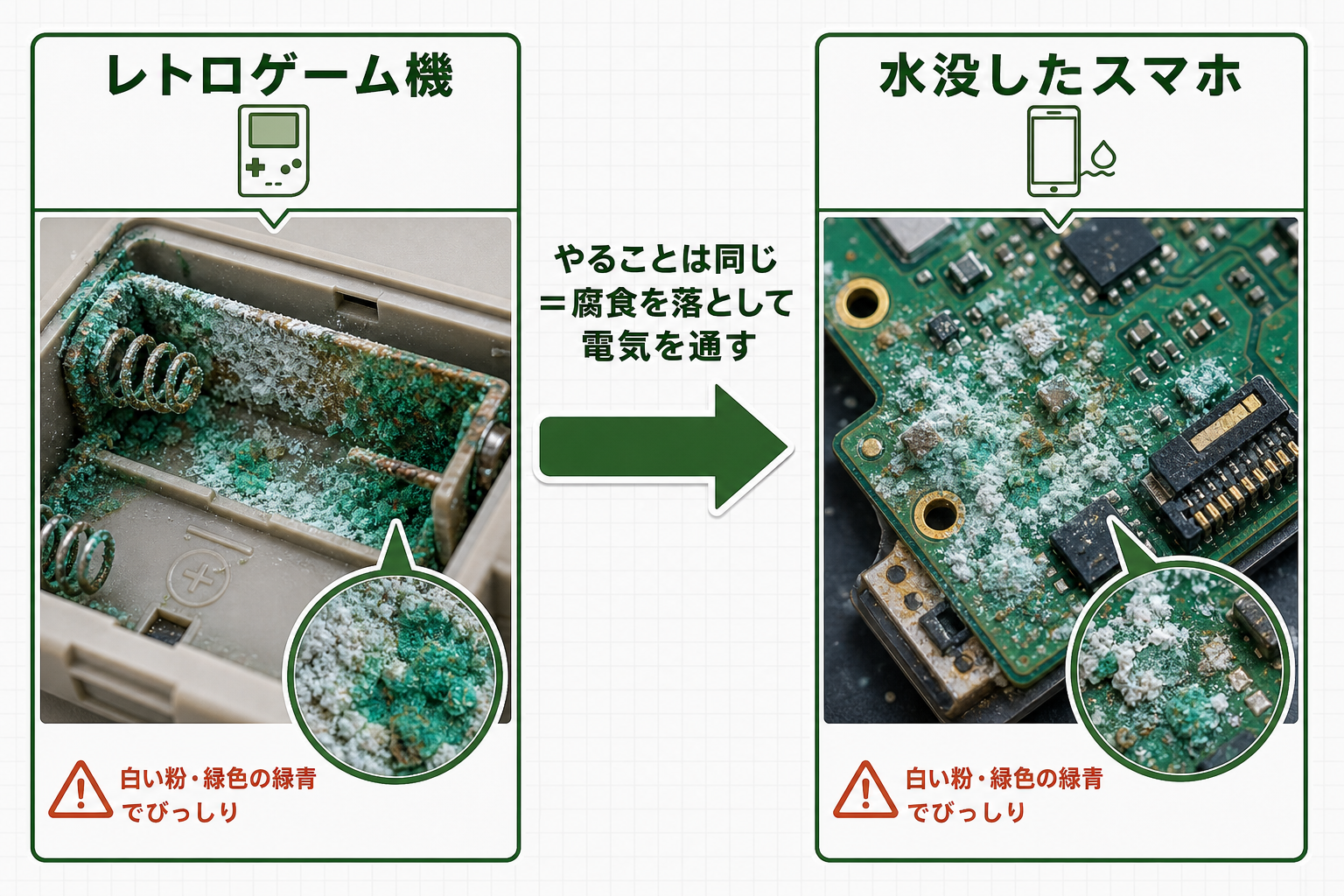 乾電池の液漏れによる端子の腐食と、水没スマホの基板腐食が同じであることの図解