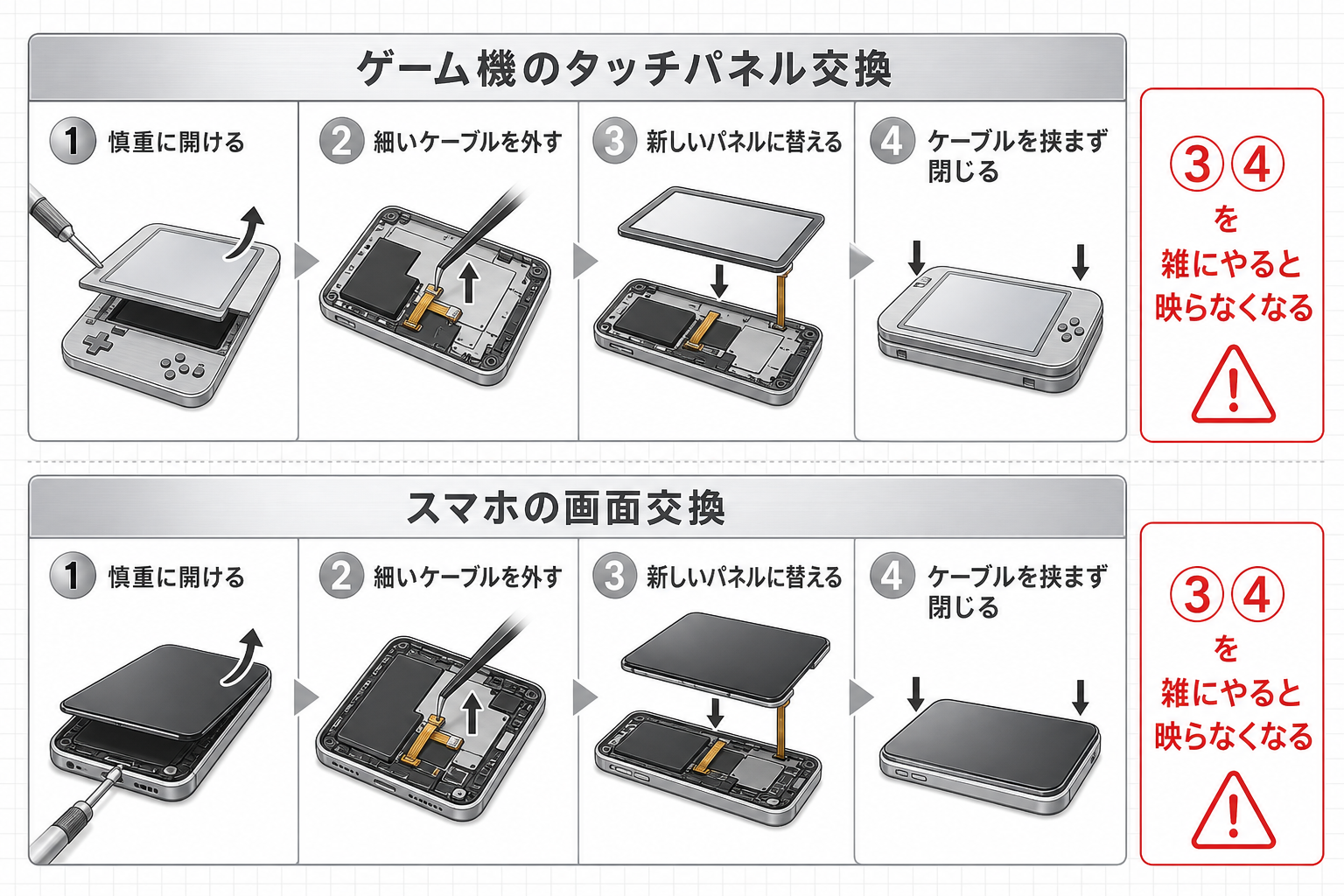 タッチパネル交換とスマホ画面修理が同じ手順であることの図解