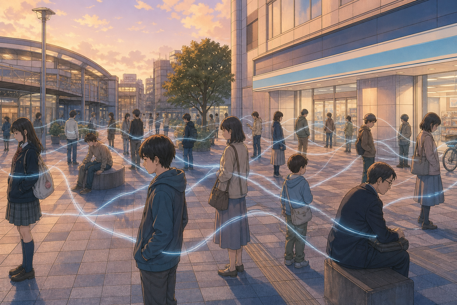 すれちがい通信で街に人が集まった2009年の情景イラスト