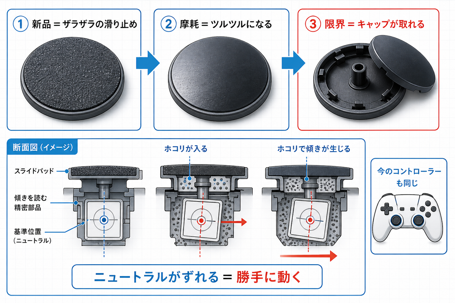 スライドパッドがすり減って勝手に動くようになる仕組みの図解