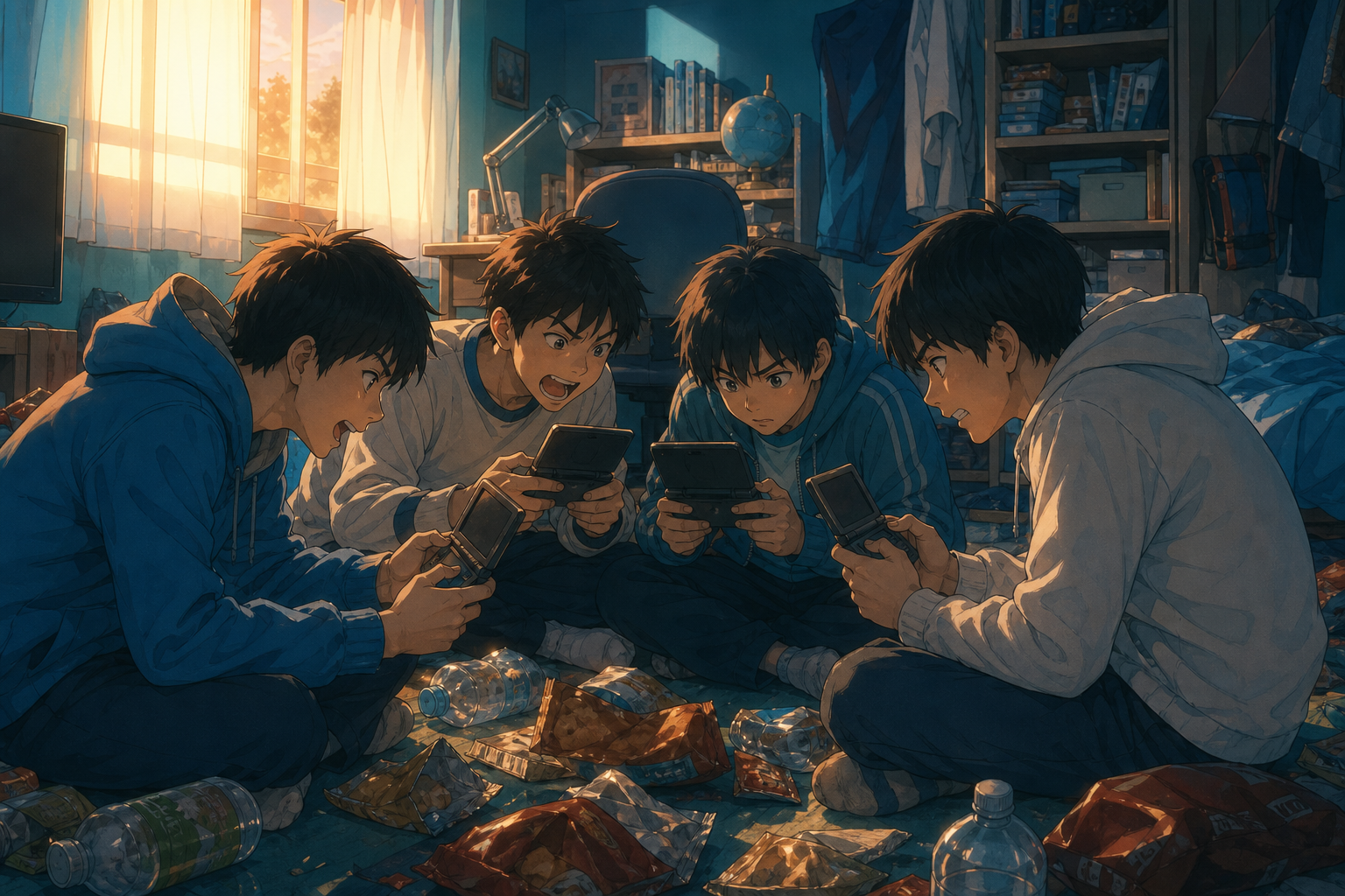 2011年当時、友達と集まって携帯ゲーム機で協力プレイをした情景イラスト