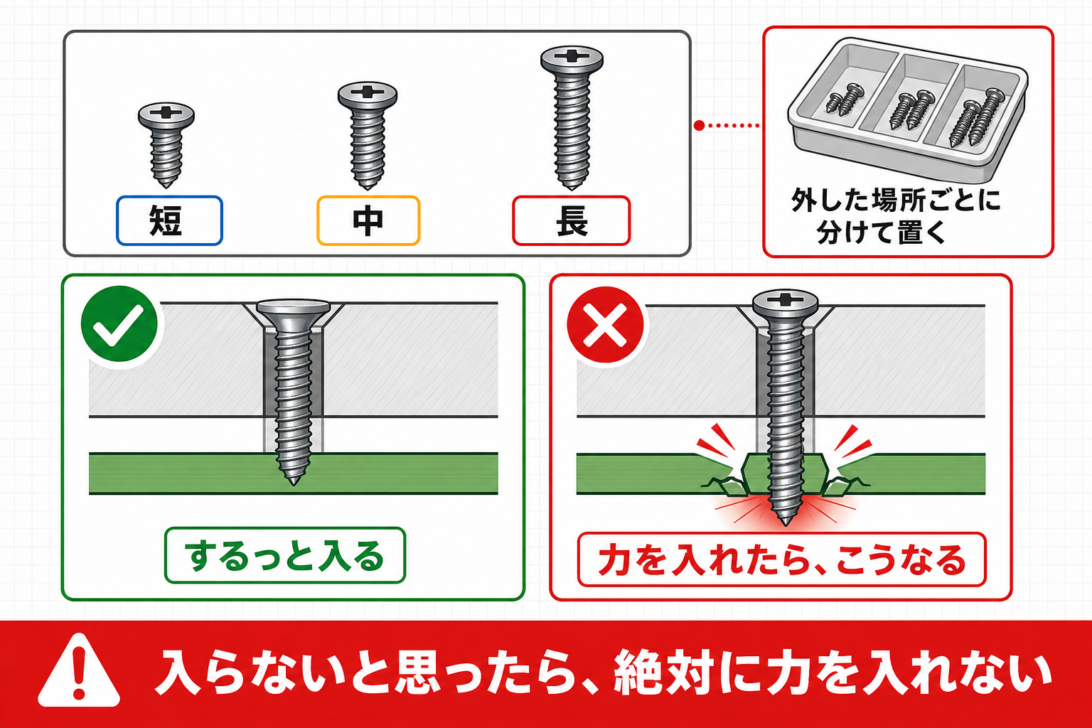 ネジの長さを間違えると基板を突き破る危険を示す図