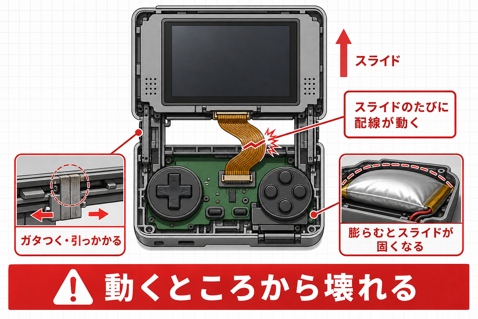 スライド機構と内蔵電池がPSP goの弱点であることを示す図解