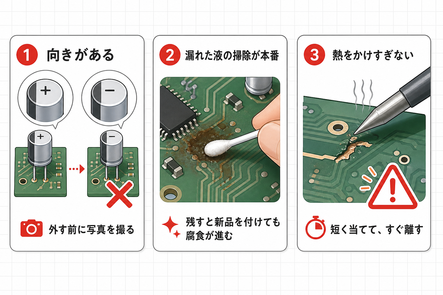 コンデンサ交換の3つの注意点を示す図