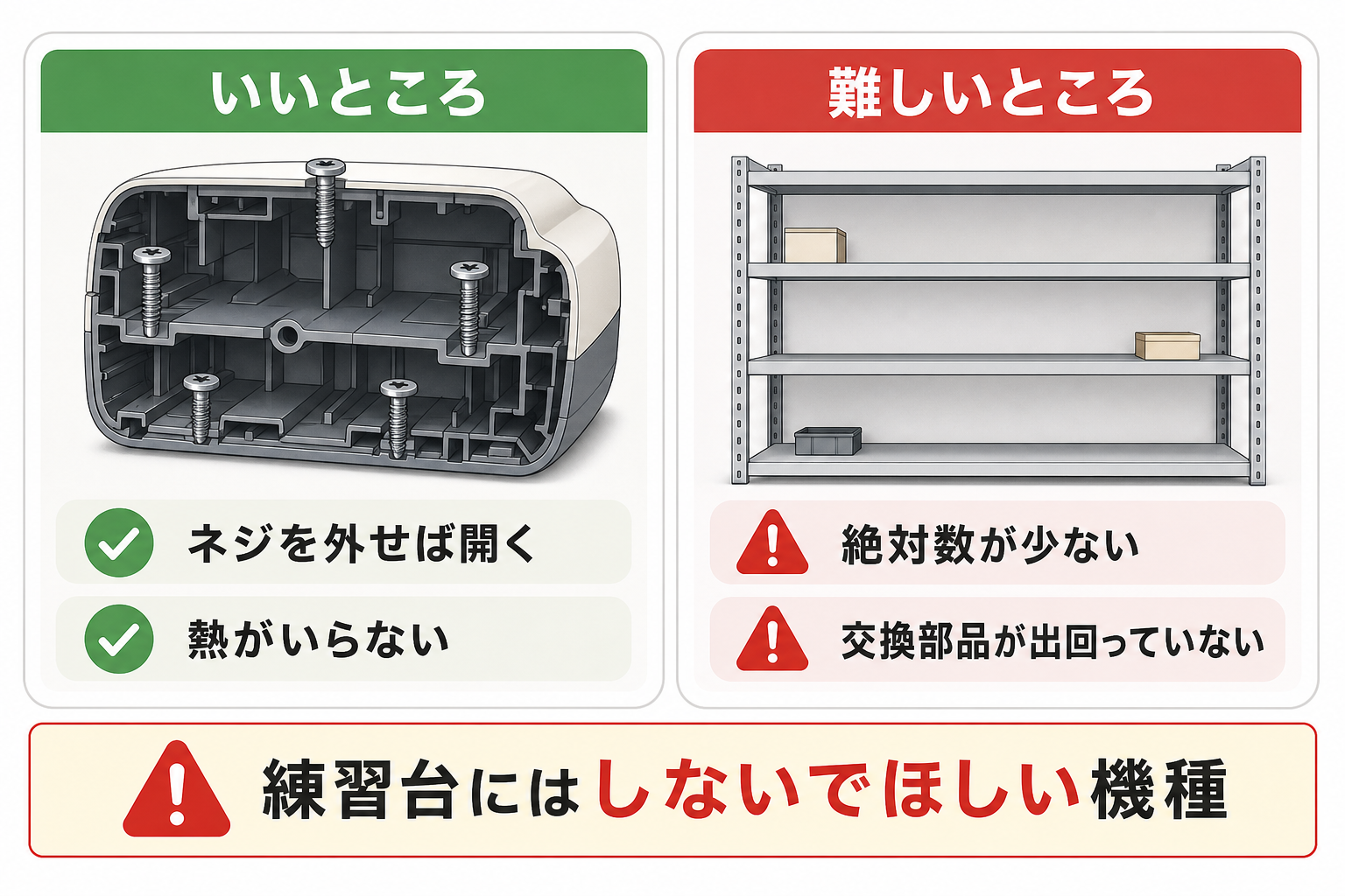 ネジで組まれた時代は整備しやすいが部品が少ないことを示す図