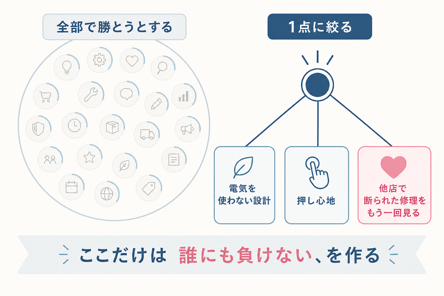 全部で勝とうとせず1点に絞る戦い方を示す図