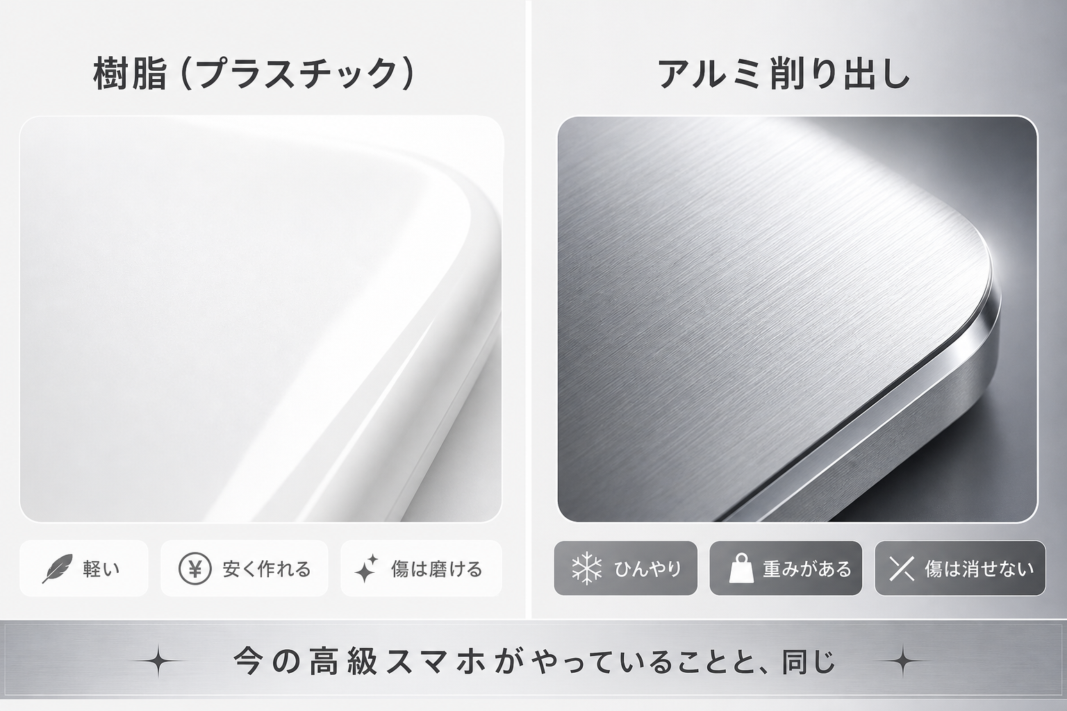 アルミ削り出しの質感と樹脂の質感を比較した図