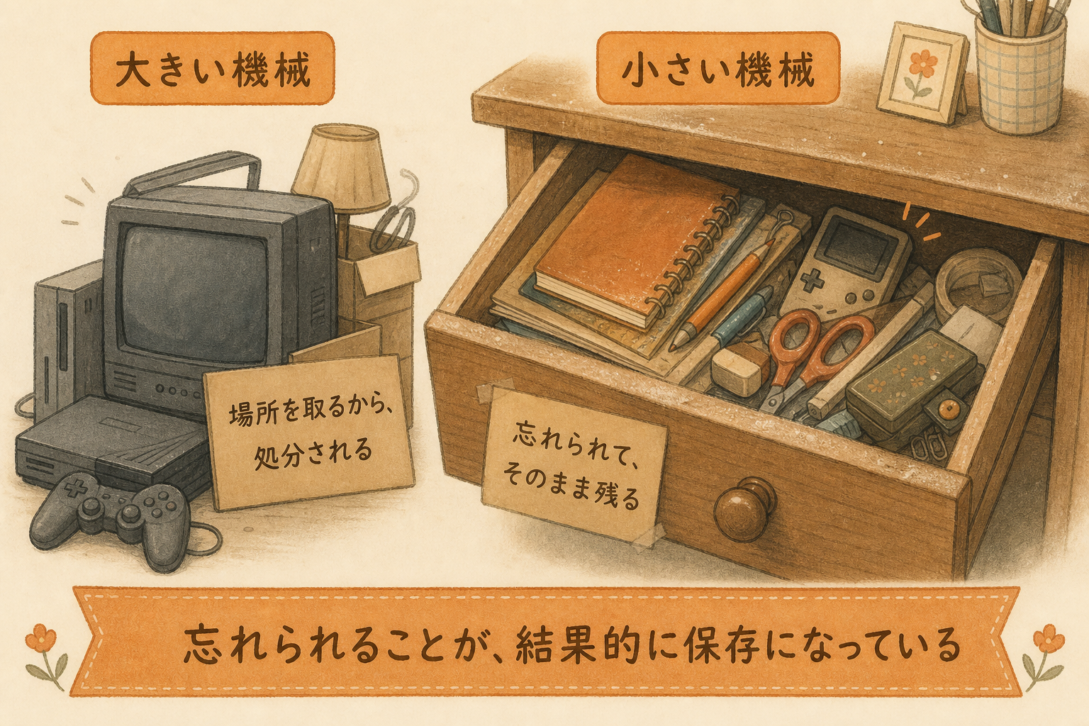 小さいものは捨てられずに引き出しの奥に残ることを示す図
