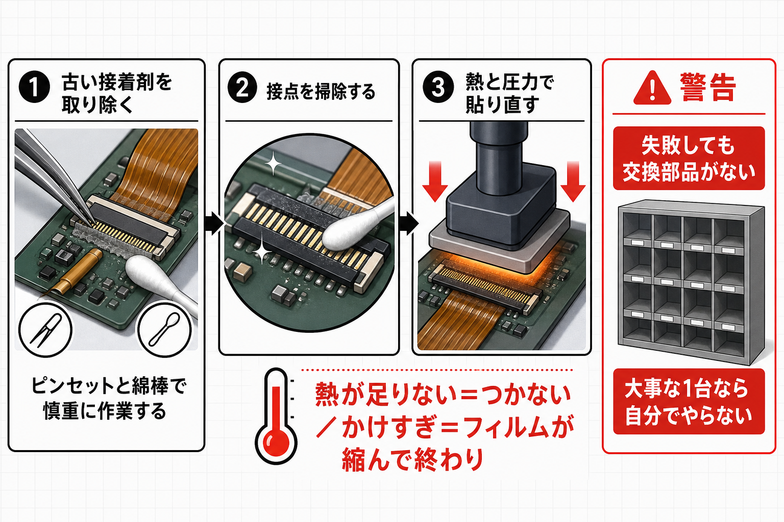 接着をやり直す修理手順と難易度の高さを示す図