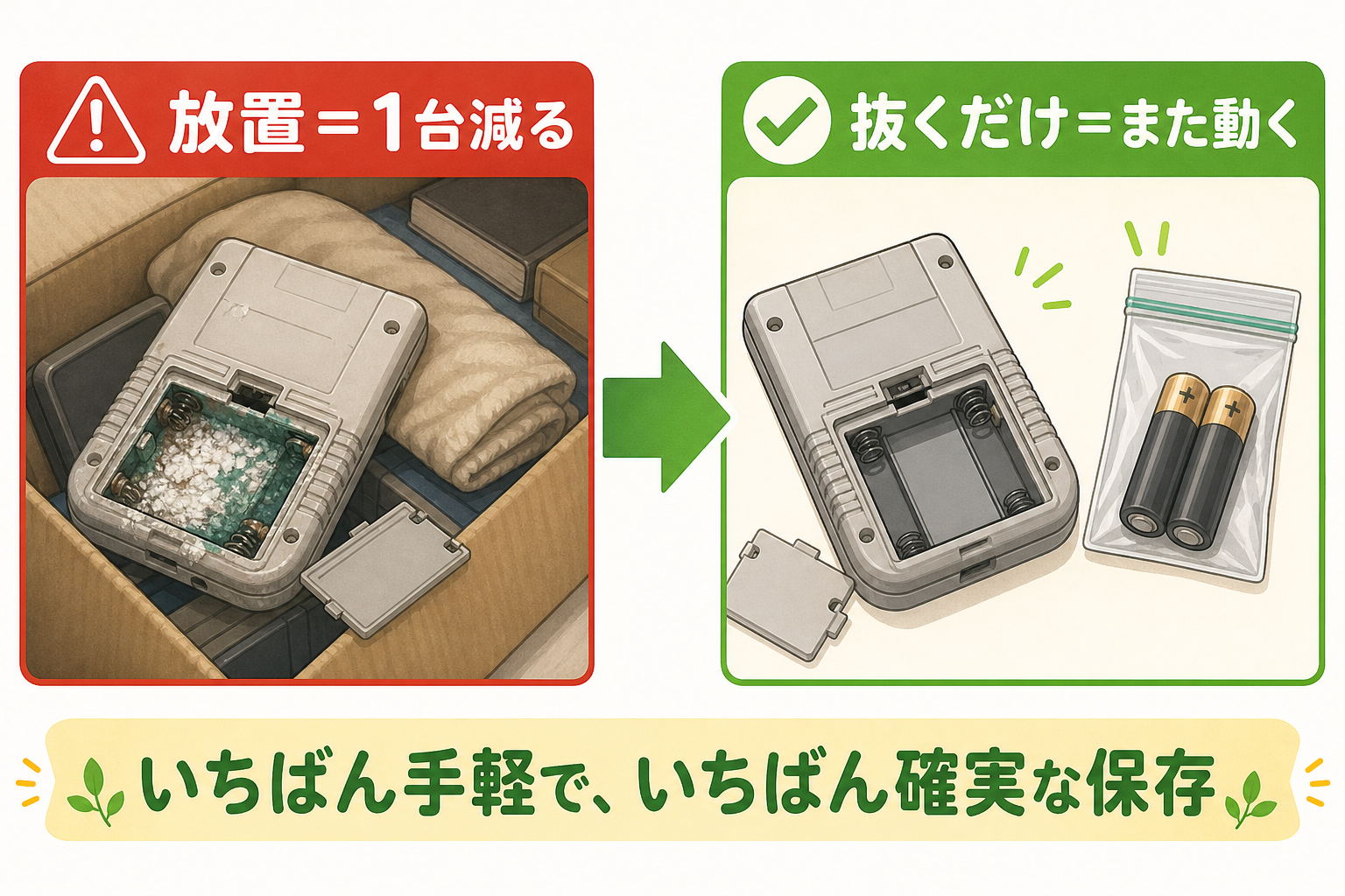 電池を抜いて保管することが最も手軽な保存だと示す図