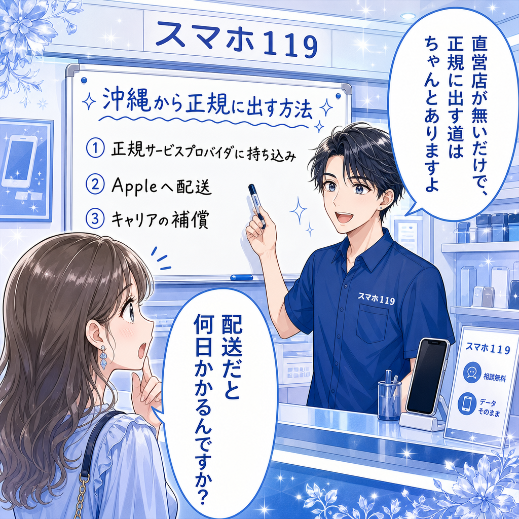 沖縄でiPhoneを正規修理に出す3つのルートを説明する漫画
