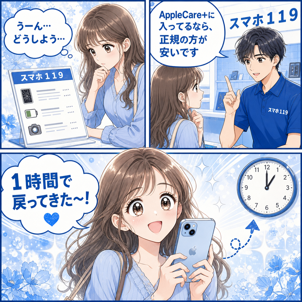 iPhone修理の料金と時間を比較して即日修理を選ぶ場面の漫画