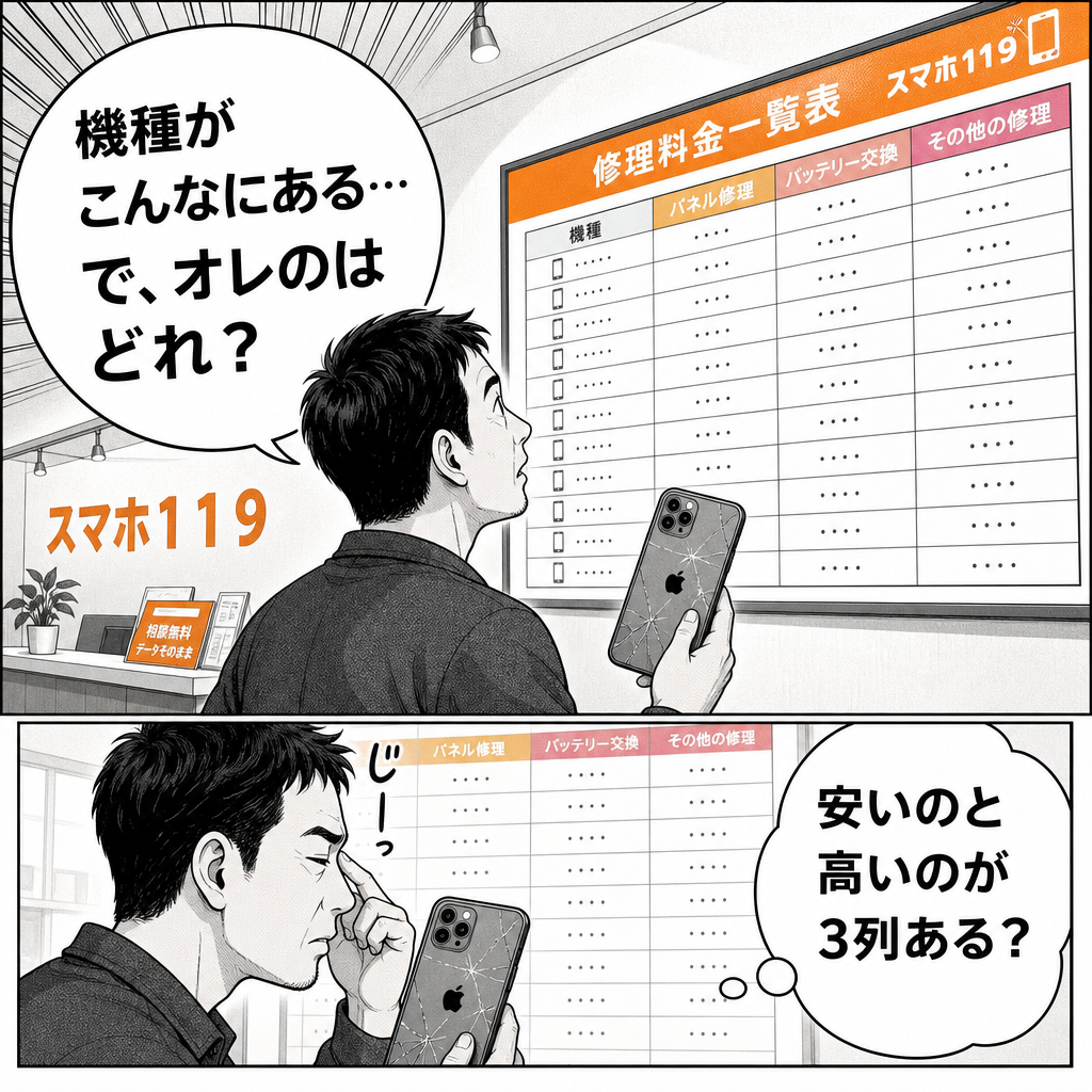 iPhone修理の料金一覧を確認するお客様の漫画