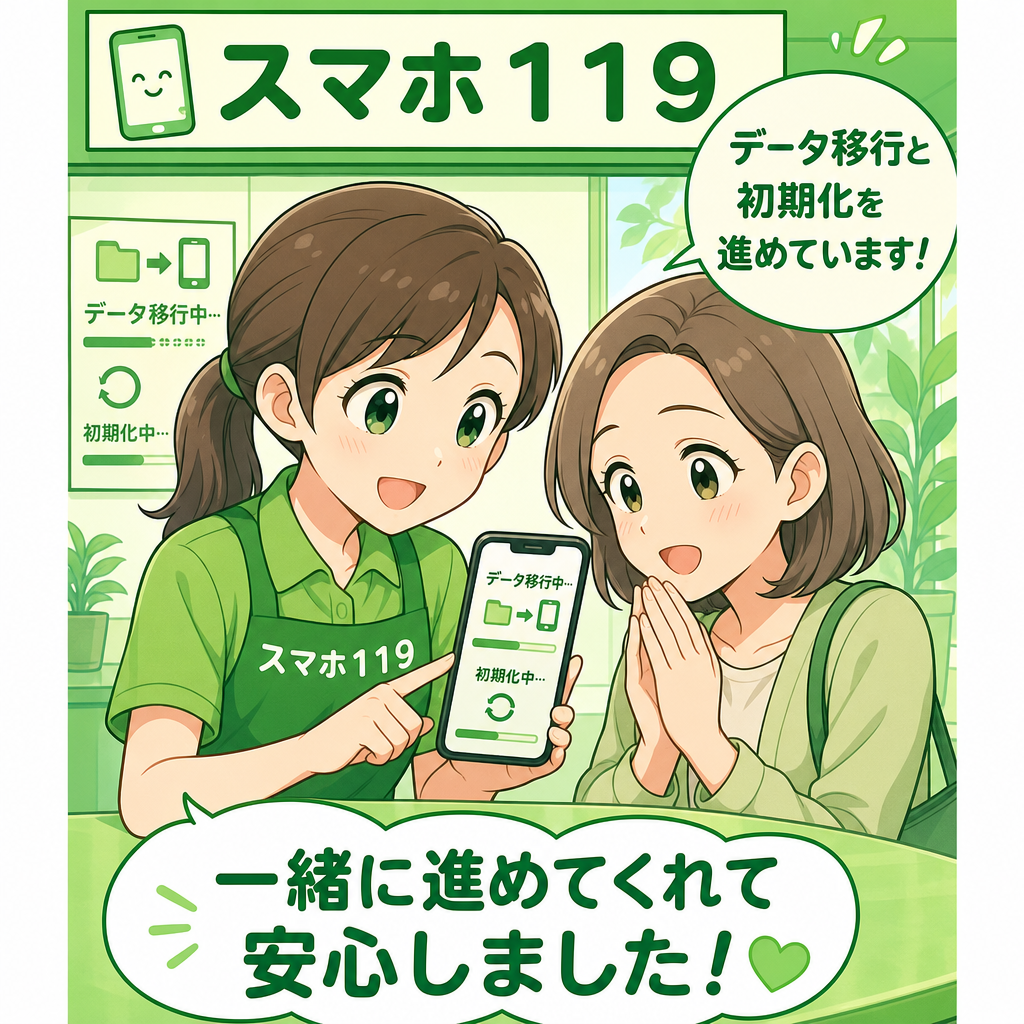 スマホ119のスタッフとお客様が一緒にデータ移行と初期化を確認