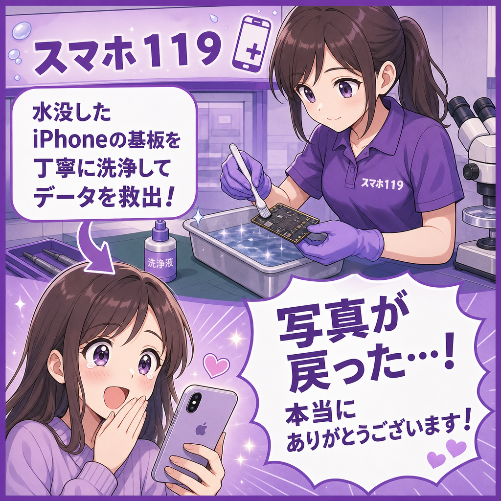 水没したiPhoneの基板を洗浄してデータを救出するスマホ119のスタッフ