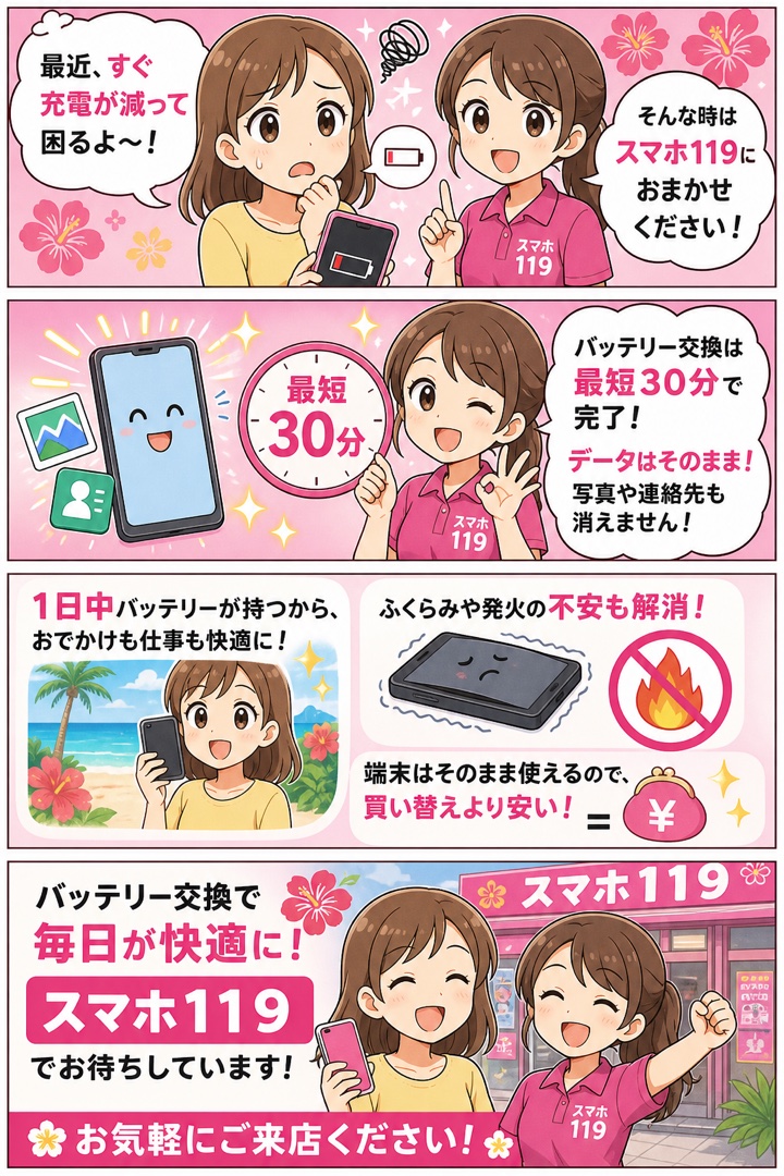 スマホ119でバッテリー交換すると快適になる4コマ漫画