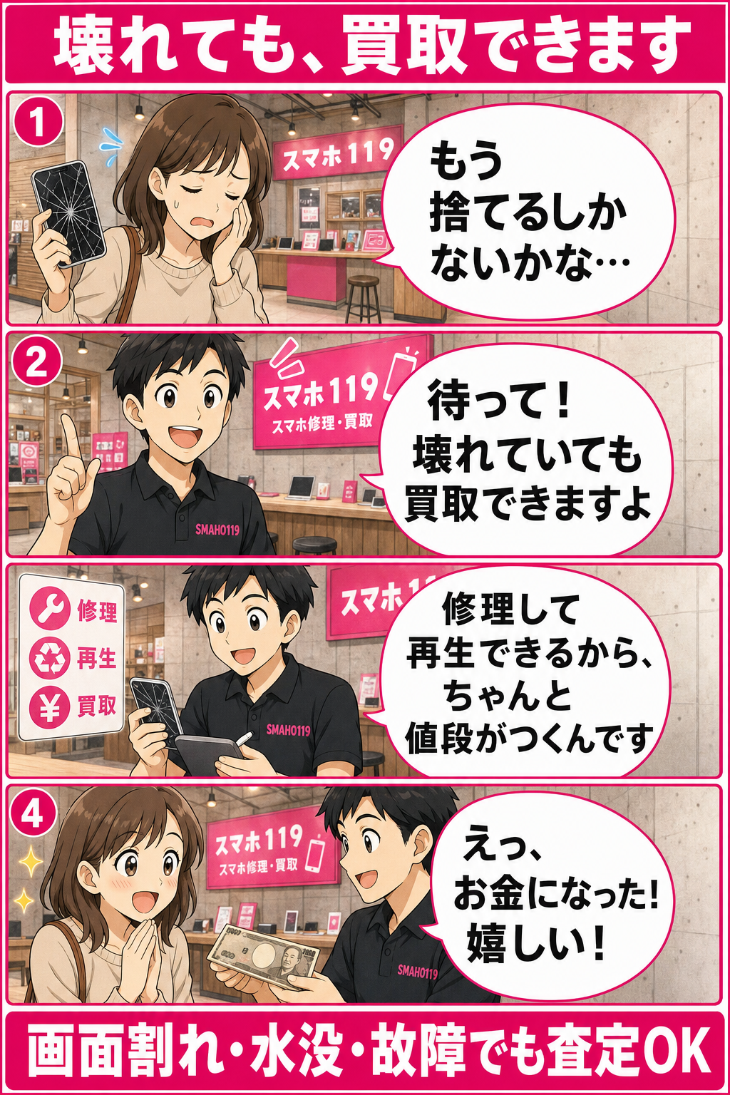 壊れても買取できます。画面割れ・水没・故障のスマホでも、修理店だから再生できて値段がつく。スマホ119なら査定OK