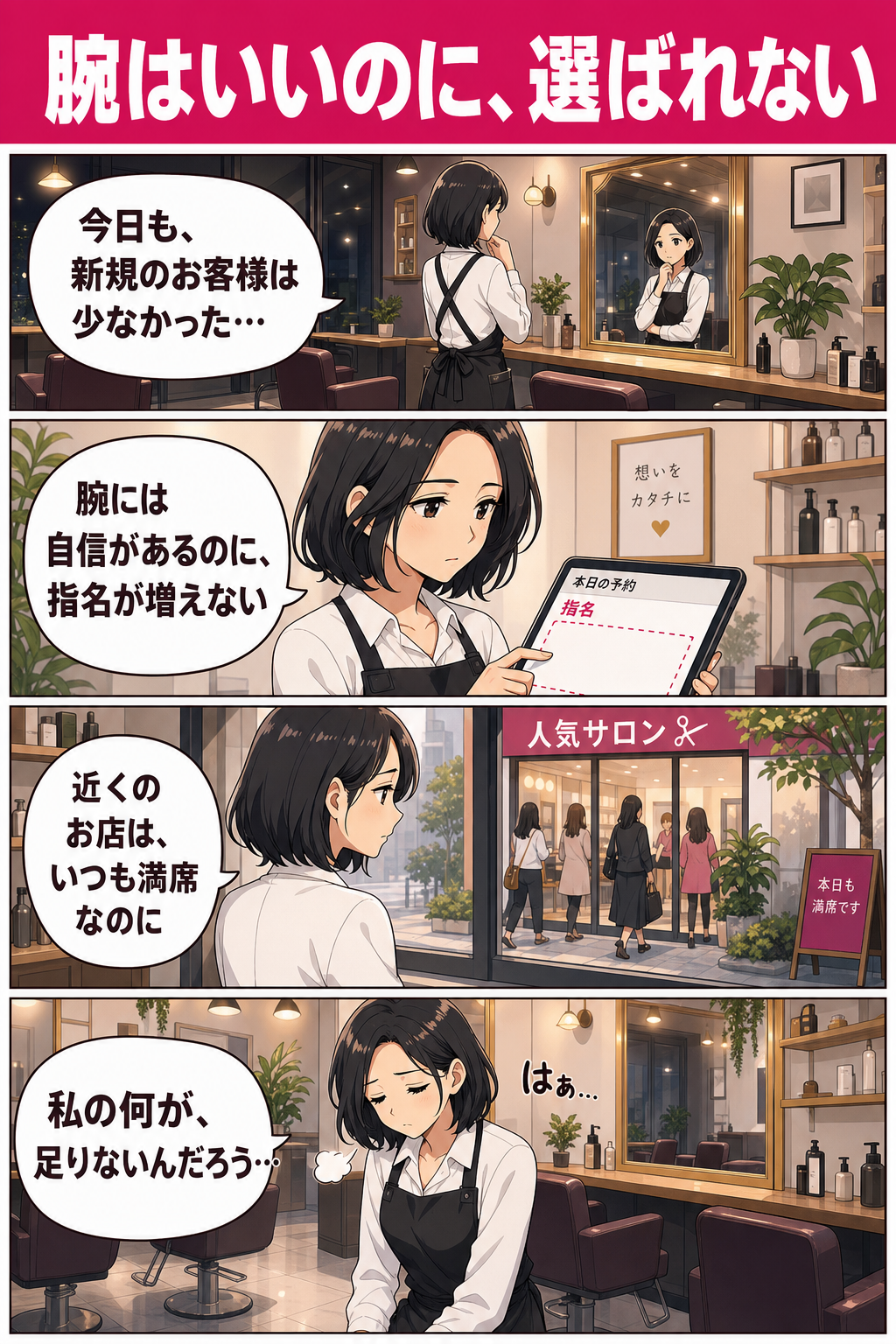 閉店後の美容室で一人、指名の入らない予約表を見て肩を落とすオーナー美容師の4コマ漫画