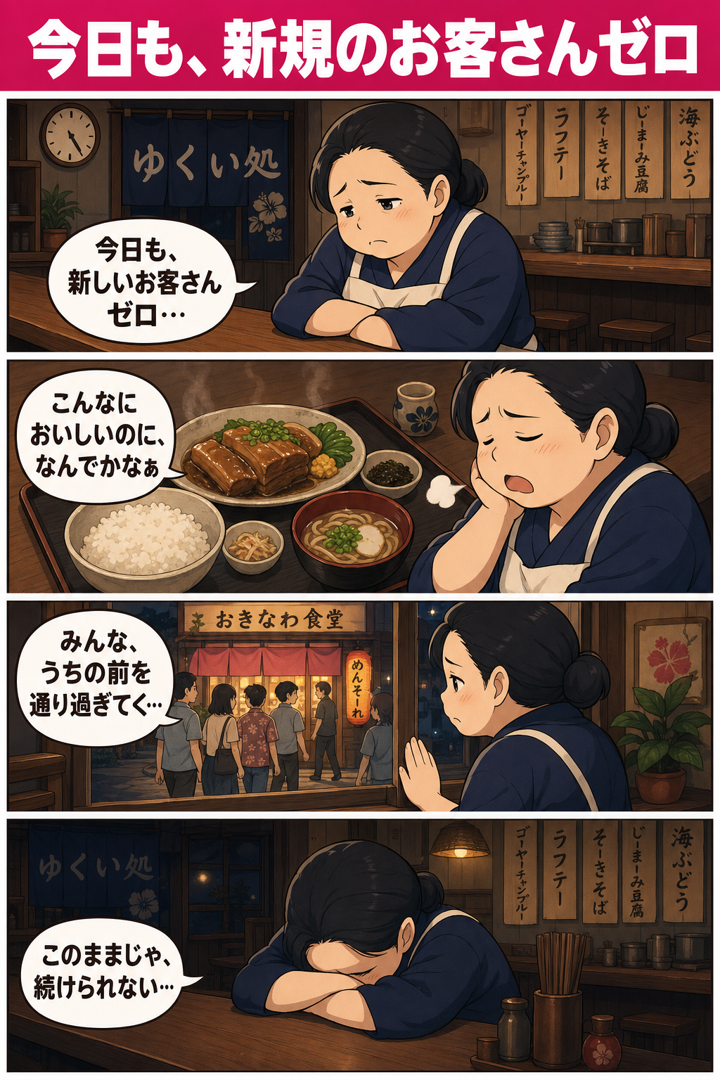 閉店後の食堂で、新規客ゼロに肩を落とす女将の4コマ漫画