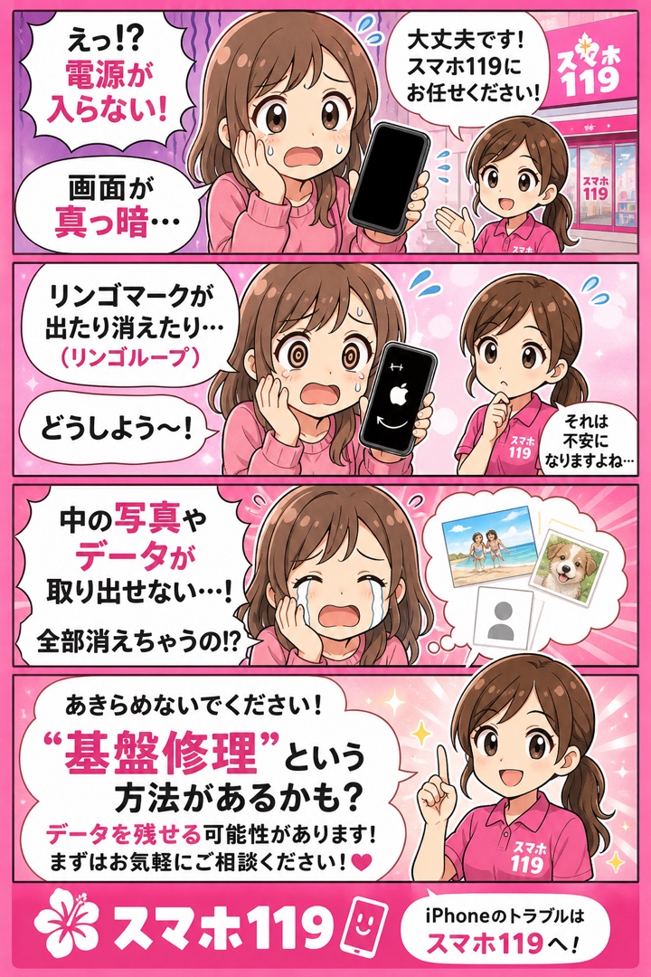 iPhoneが起動しない・リンゴループで困る4コマ漫画
