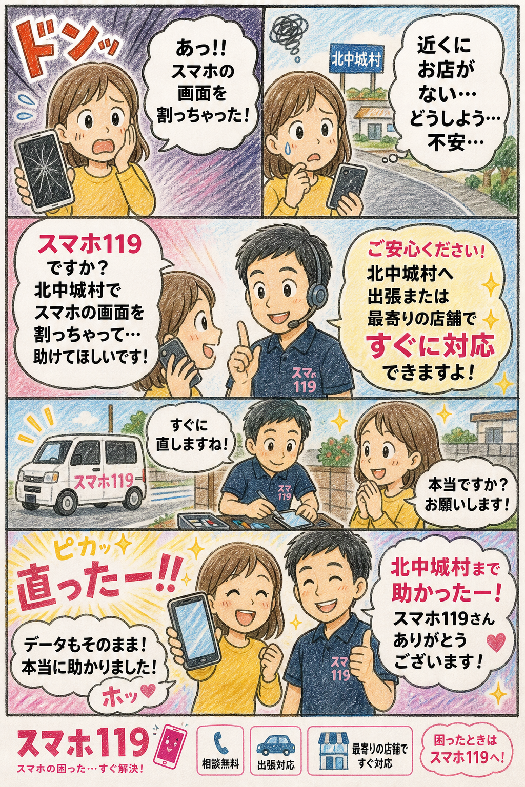北中城村でスマホが壊れたときの4コマ漫画｜スマホ119