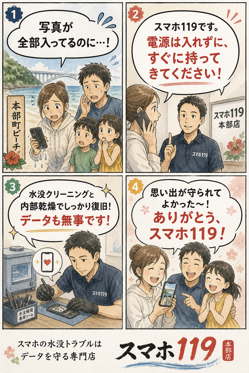 本部町でスマホが壊れたときの4コマ漫画｜スマホ119
