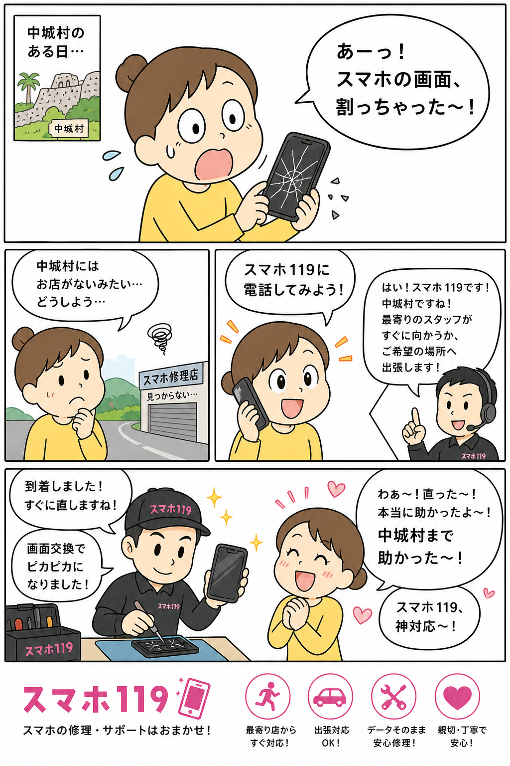 中城村でスマホが壊れたときの4コマ漫画｜スマホ119